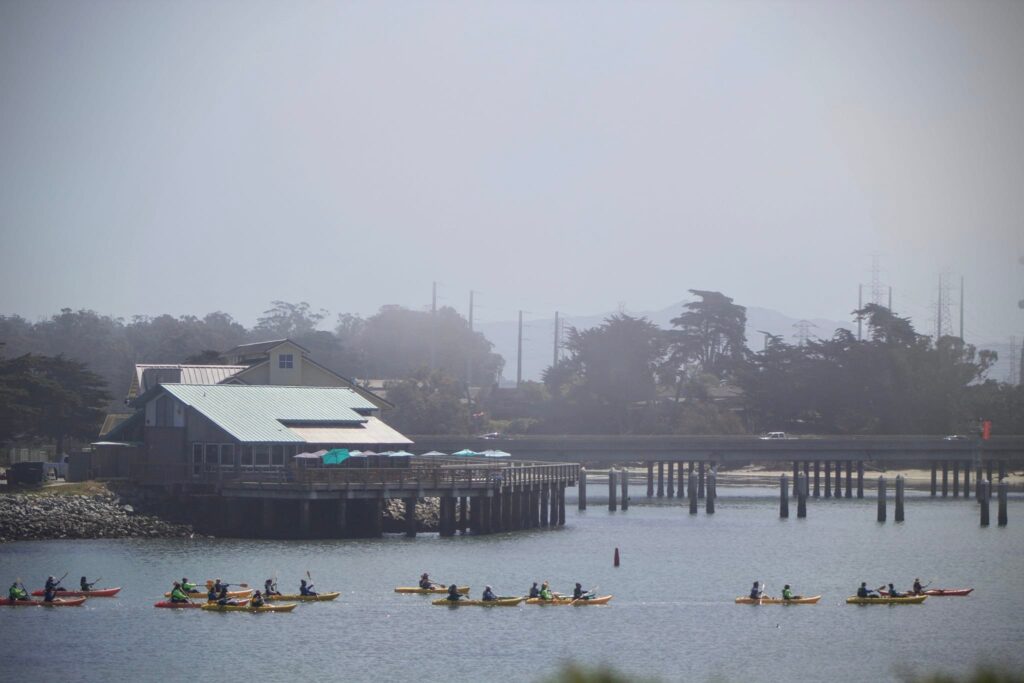 a group of kayakers paddle across the water with buildings in the background